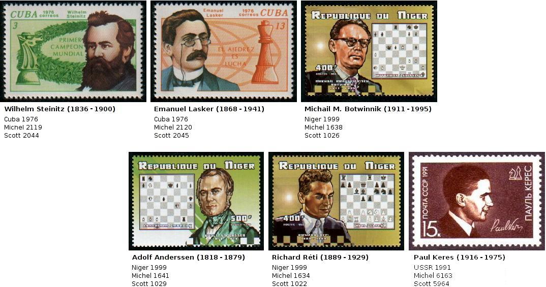 6 stamps with chess masters