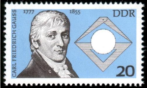 Briefmarke mit Portrait von Gauss, 17-Eck, Zirkel, Lineal