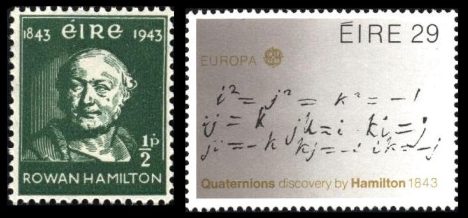 Briefmarken mit Portrait von Hamilton und Quaternionen-Multiplikation
