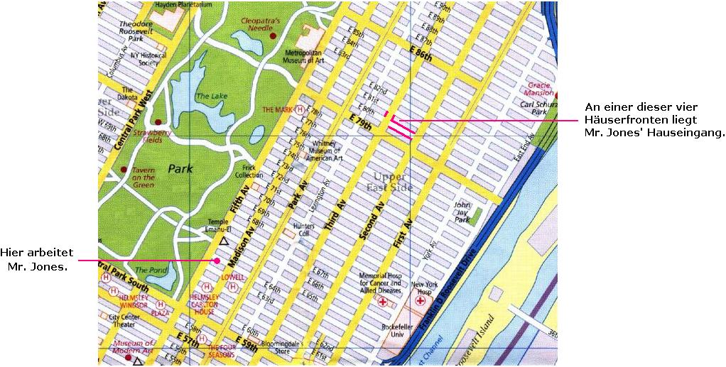 Stadtplan von Manhattan - Jones wohnt etwas noerdlich oder oestlich Kreuzung 80th / 3rd Av.