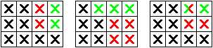 Links: Aus Bild 6 erst (2,4), dann (2,3); Mitte: erst (3,2), dann (1,3); rechts: erst (3,3) oder (3,4), dann (2,3)